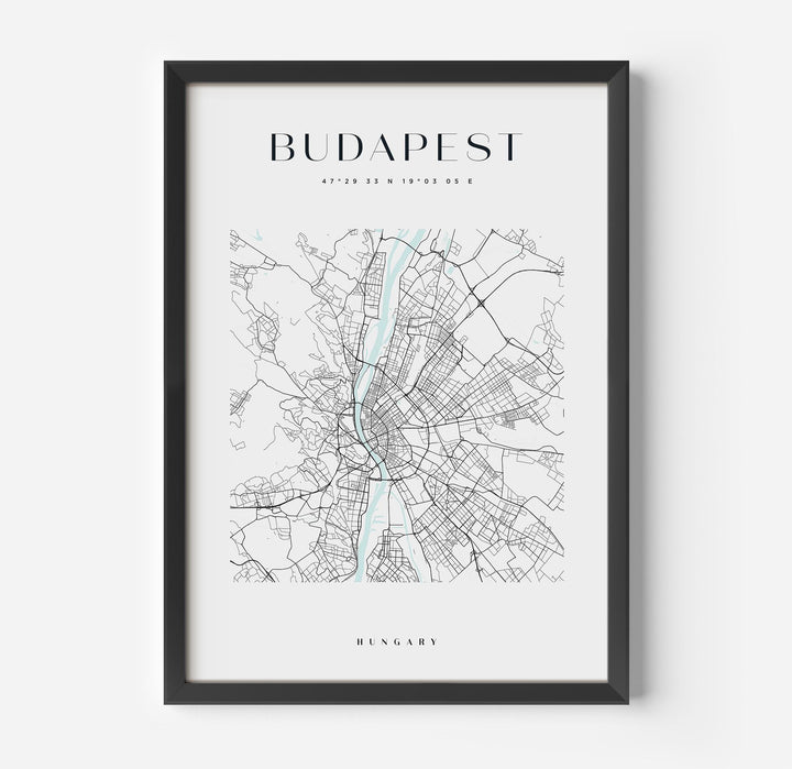 a framed map of budapest, with a black frame