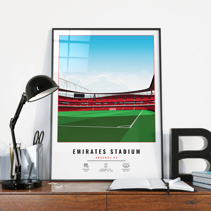 a picture of a stadium with a lamp and a desk