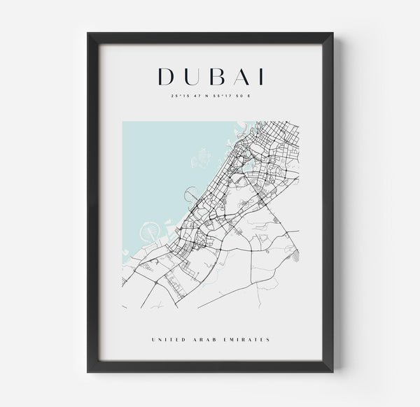 a framed map of the city of dubai