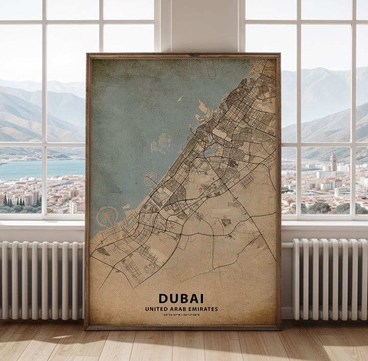 a map of the city of dubai in front of a window