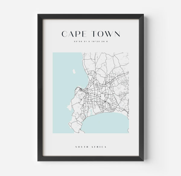 a framed map of cape town in light blue