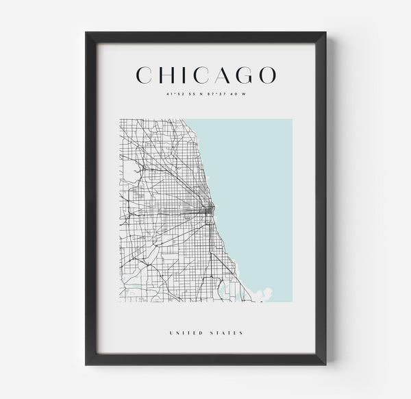 a framed chicago map in a black frame