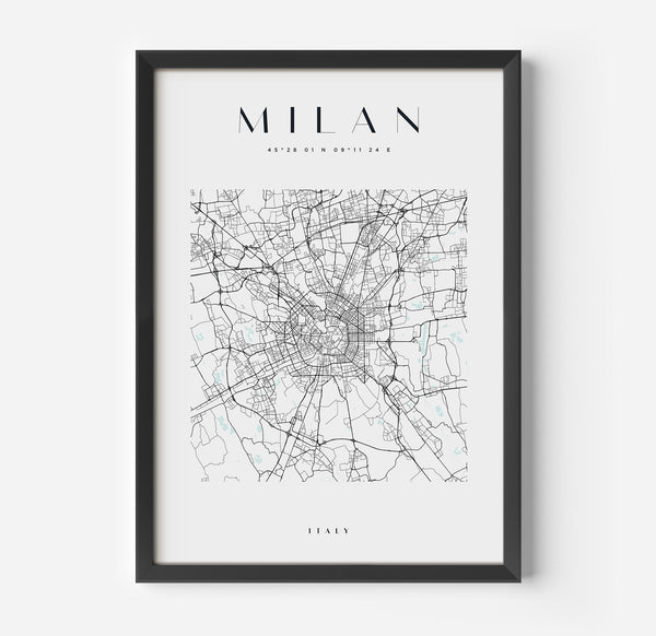 a framed black and white map of the city of milan