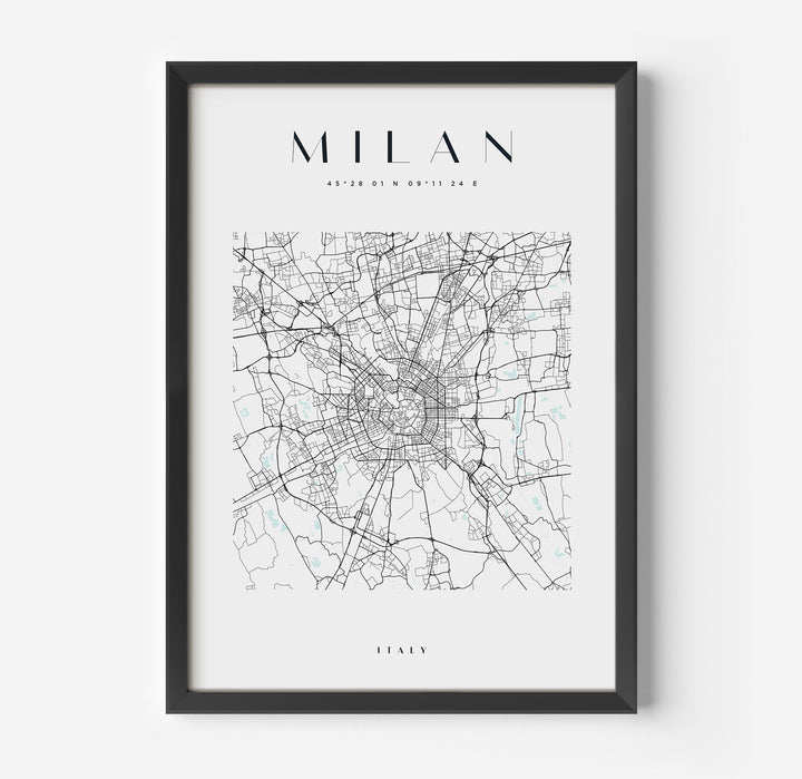 a framed black and white map of the city of milan