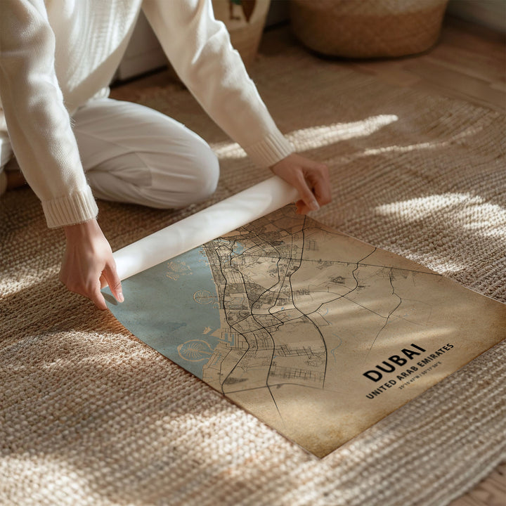 a person kneeling on the floor with a map on the floor