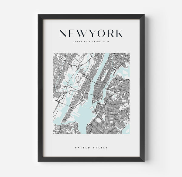 a framed black and white map of new york