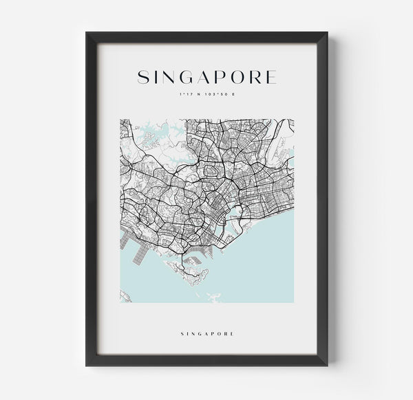 a black framed poster with a map of singapore