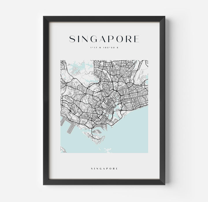 a black framed poster with a map of singapore