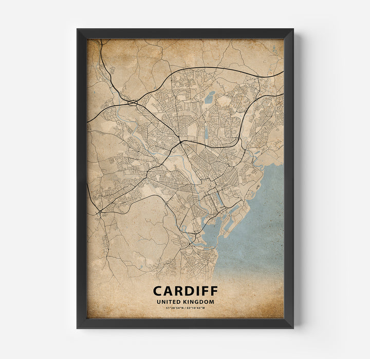 a framed map of cardiff, united kingdom