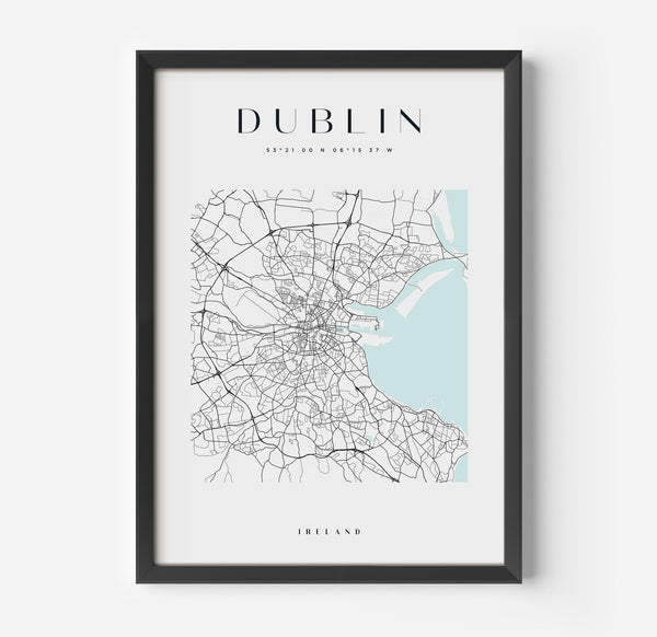 a framed map of dublin with a black frame