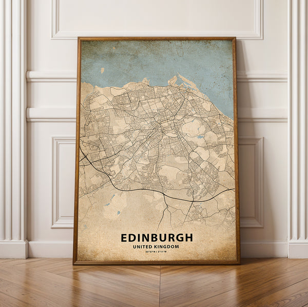a framed map of edinburgh on a wall
