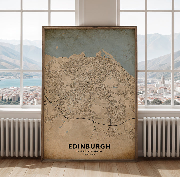 a map of edinburgh in front of a window