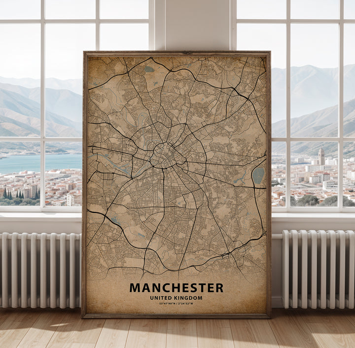 a map of manchester in front of a window