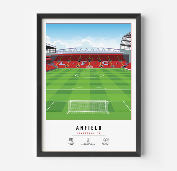 a framed poster of anfield in liverpool
