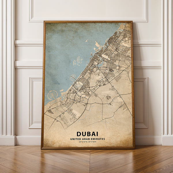 a framed map of the city of dubai