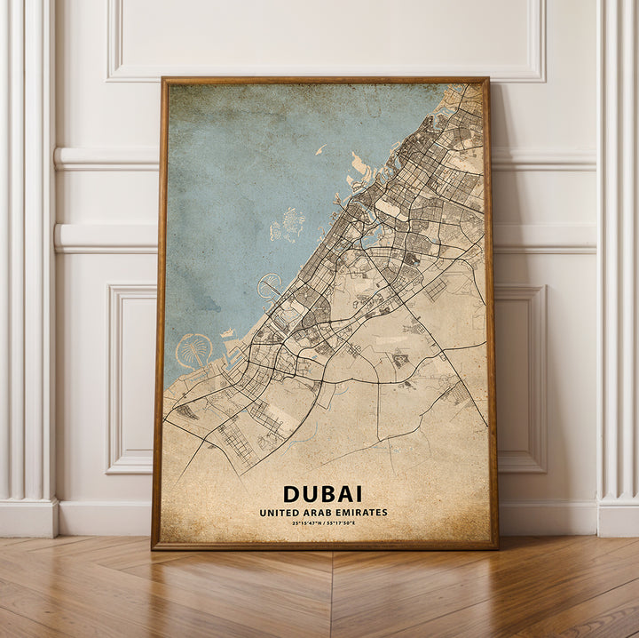 a framed map of the city of dubai