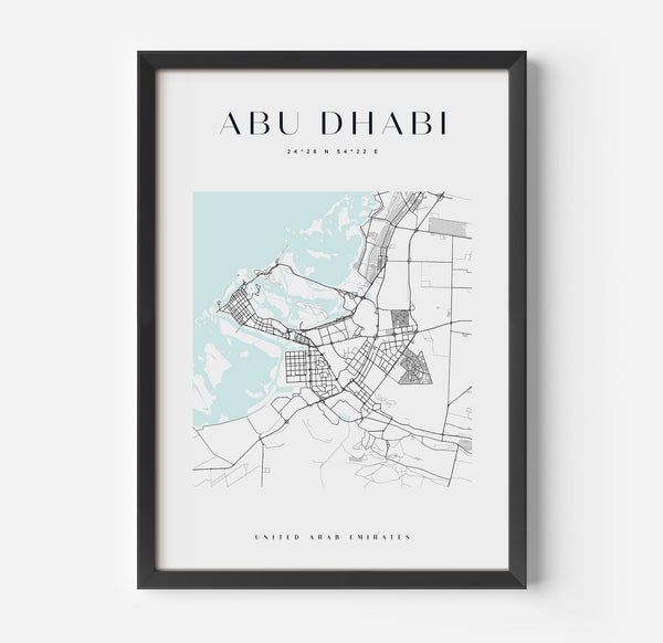 a framed map of abu, the capital of the united states