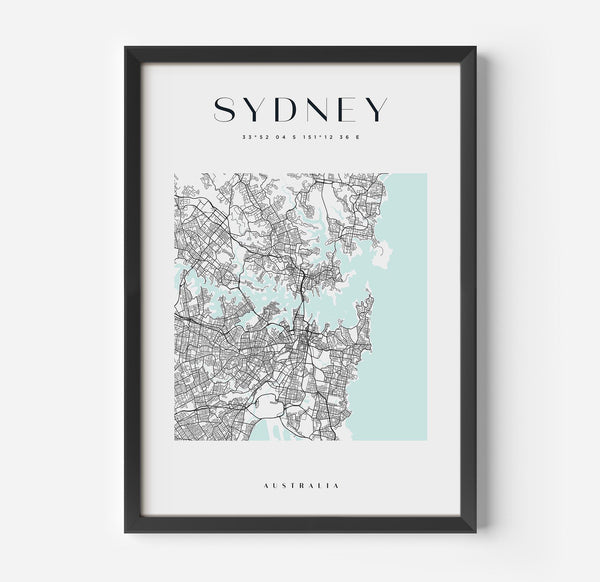 a black and white framed map of sydney