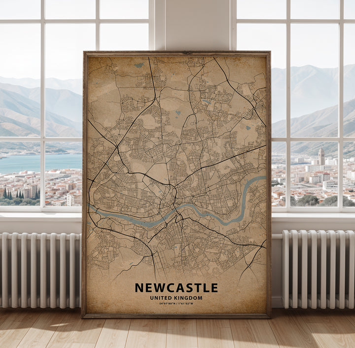 a map of newcastle in front of a window