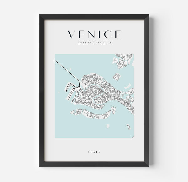 a black framed poster with a map of venice