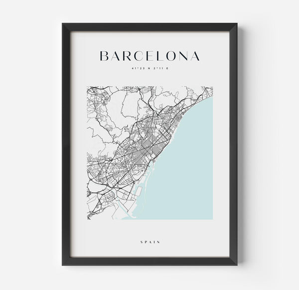 a framed map of barcelona, spain