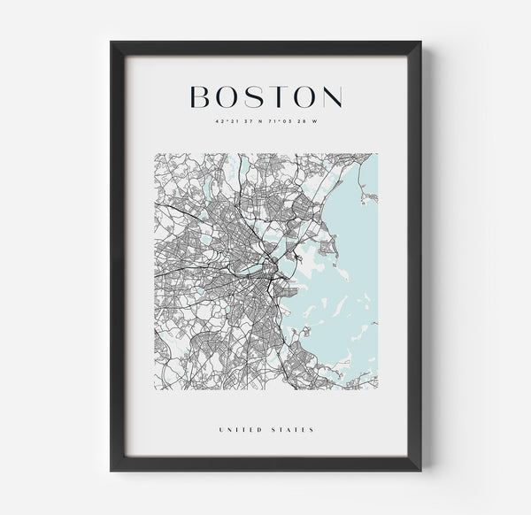 a black frame with a white map of boston