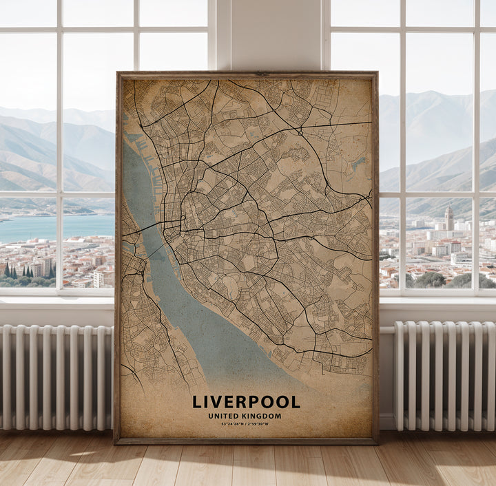 a map of liverpool in front of a window