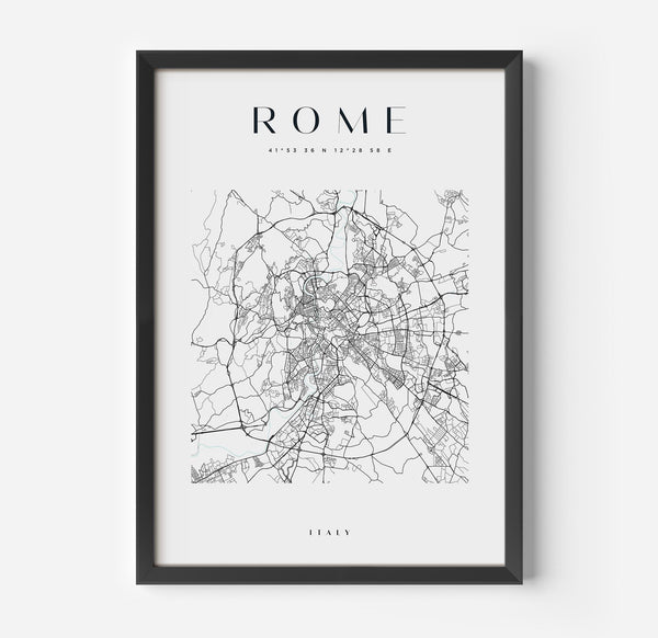 a framed black and white map of rome