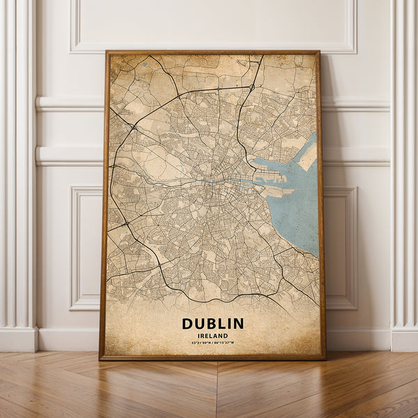 a framed map of dublin on a wall