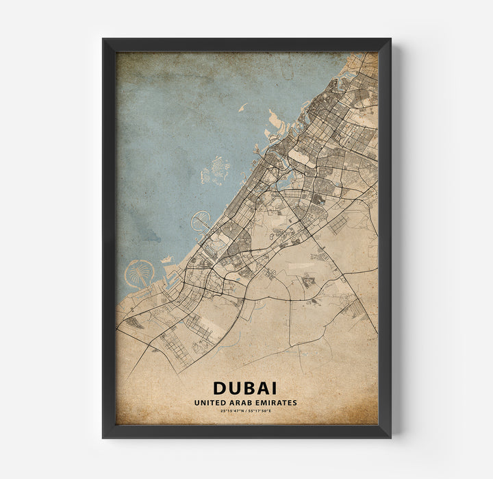 a framed map of the city of dubai