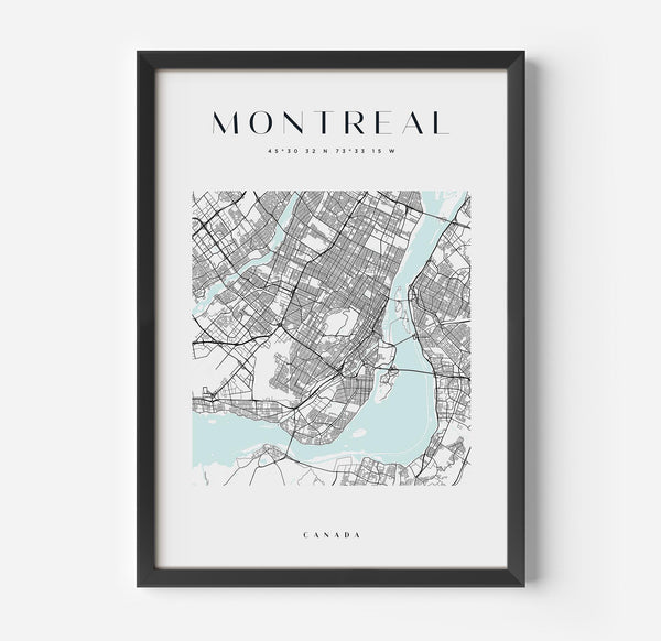 a framed poster of a map of the city of montreal