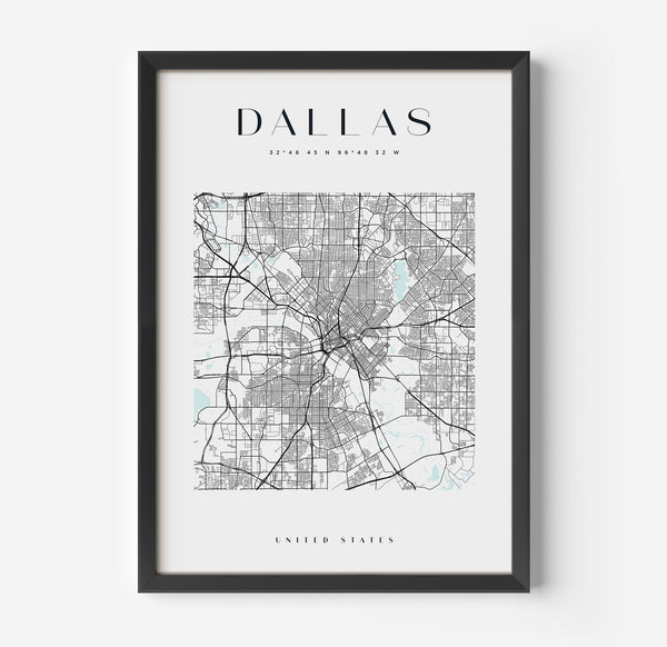 a framed map of the city of dallas, texas