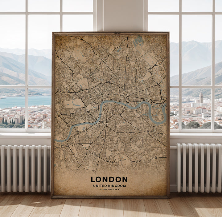 a map of london on a wall in front of a window