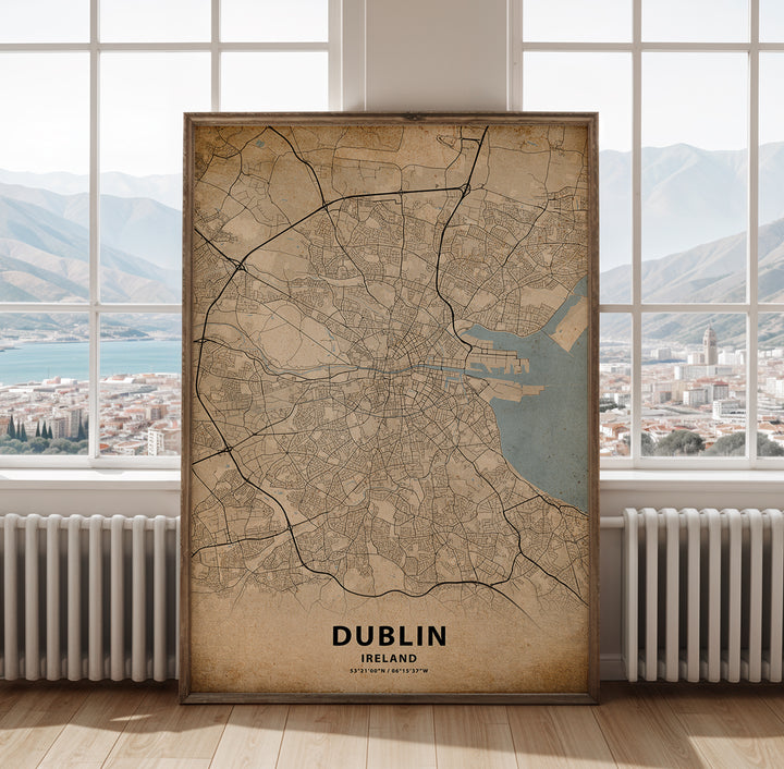 a map of dublin in front of a window