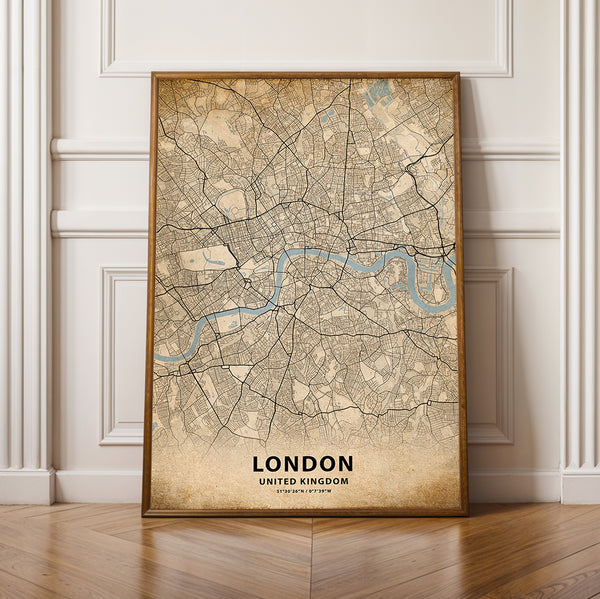 a framed map of london on a wooden floor