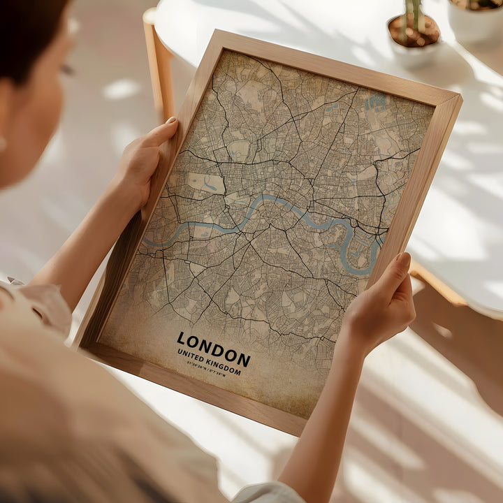a woman holding a framed map of london