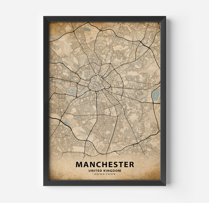 a framed map of manchester, england