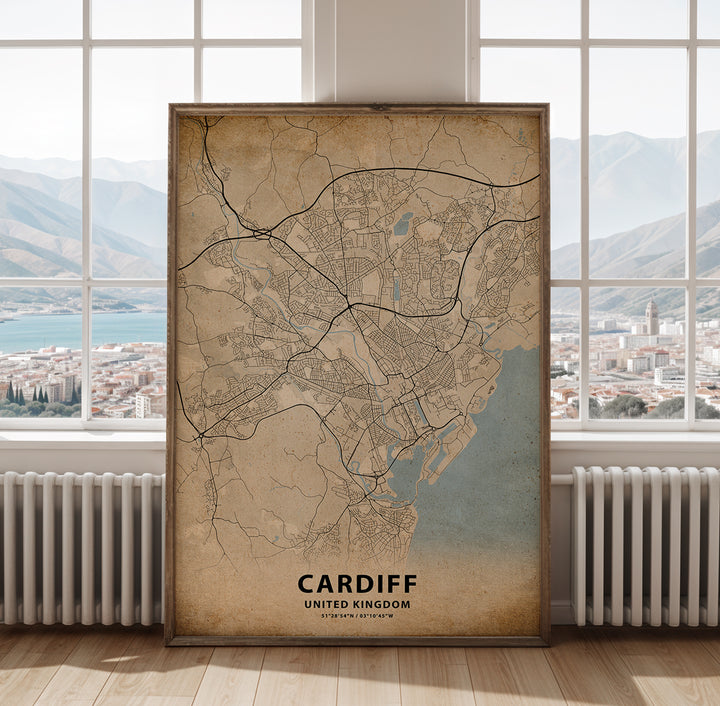 a map of cardiff in a room with a large window