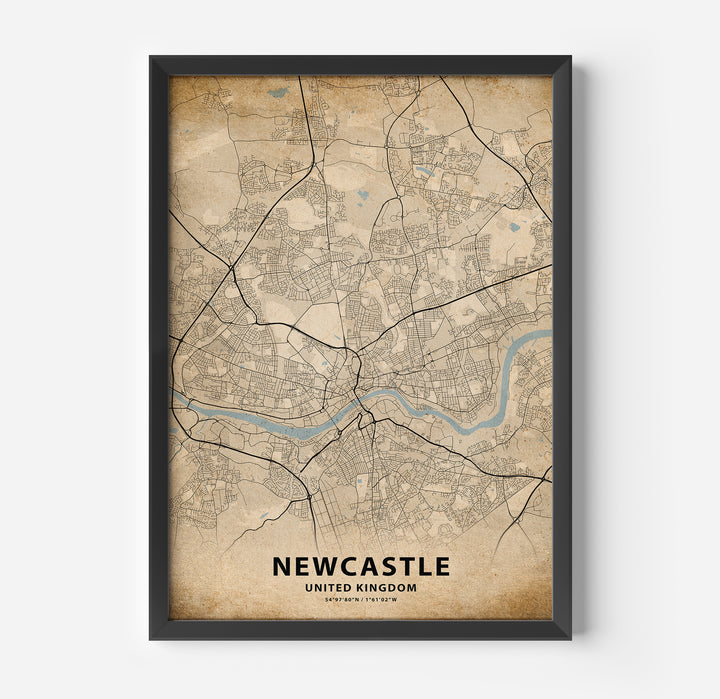 a framed map of newcastle, england