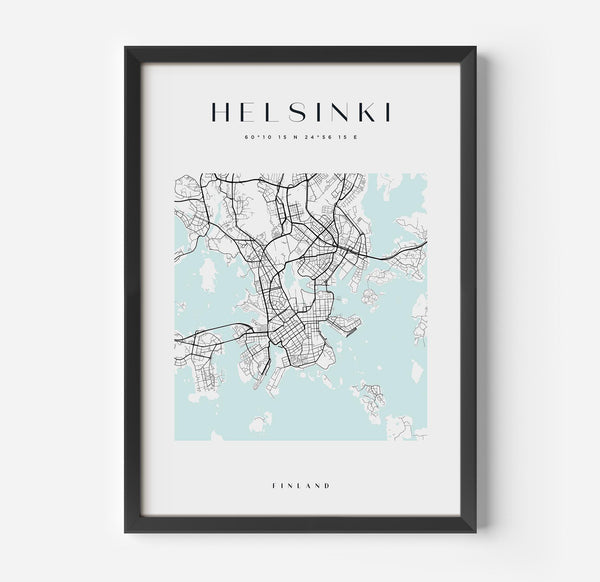 a black framed poster with a map of the city of helsing