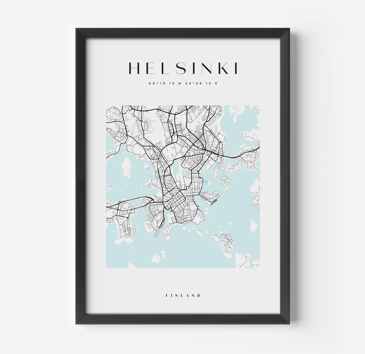a black framed poster with a map of the city of helsing