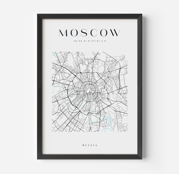 a black framed poster with a map of moscow