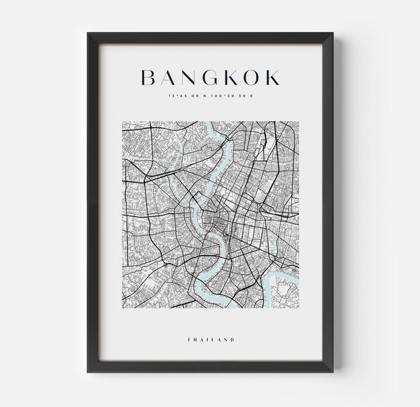 a framed black and white map of bangkok