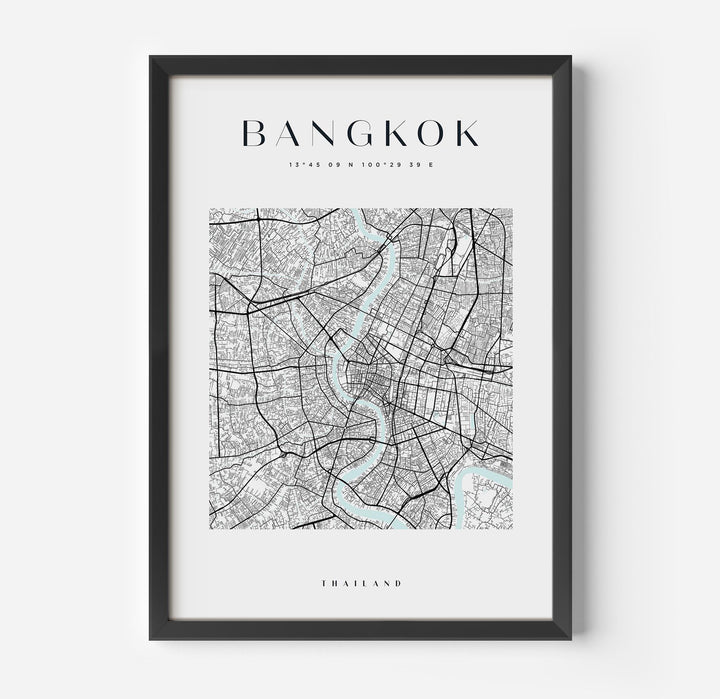 a framed black and white map of bangkok