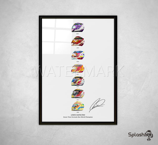 Lewis Hamilton Seven World Championship Helmets Print, Poster, Framed and on Canvas