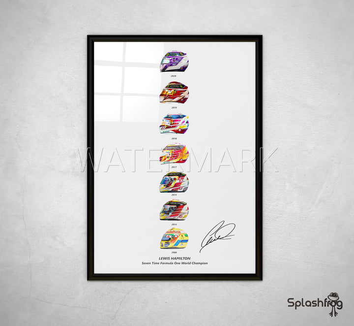 Lewis Hamilton Seven World Championship Helmets Print, Poster, Framed and on Canvas