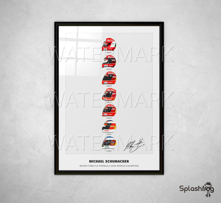 Michael Schumacher Seven Time World Champion Helmets Print, Poster, Artwork, Framed and Available On Canvas. 
