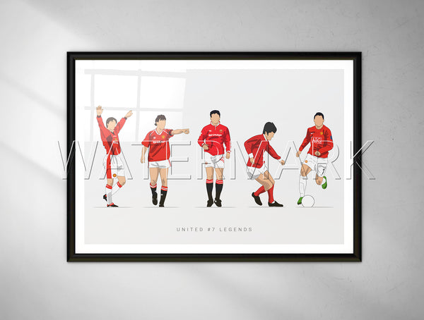 Manchester United Number 7's Print. Including George Best, David Beckham, Bryan Robson, Cristiano Ronaldo and Eric Cantona